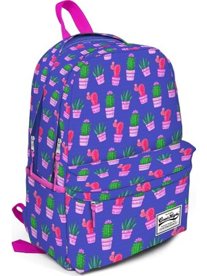 Coral High Üç Gözlü Mavi Pembe Saksıda Kaktüs Desenli Okul ve Günlük Sırt Çantası 15,6 Inc Laptop Bölmeli