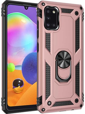 Tekno Grup Samsung Galaxy A31 Kılıf Çift Katmanlı Yüzüklü Manyetik Vega Kapak Rose + Cam Ekran Koruyucu