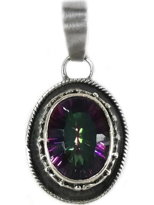 Otantik Gümüş Mistik Topaz Taşlı Tel Kırma Işçilikli Gümüş Kolye (Pandant)