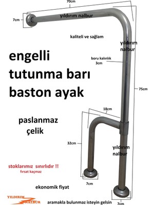 Yıldırım Engelli Tutunma Barı Baston Ayak Banyo Tutamak Yaşlı Tutunma Barı Sağlam Yerden Duvar