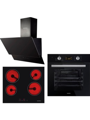 Kumtel Black Exclusive Plus 3'lüAnkastre Set ( A6SF2 DDT Siyah Ankastre Fırın + V6 04T Siyah Ankastre 4'lü Vitroseramik Ocak + 835 Siyah Davlumbaz)