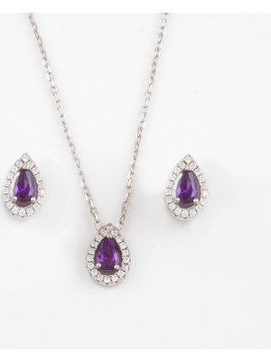 Afrodit Silver Mor Taşlı Damla Kolye Küpe Set