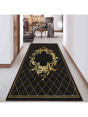Else Halı Siyah Altın Sarısı Vintage Salon Mutfak Halısı Yolluk Halısı Saray9 50 x 80 cm