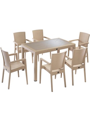 Novussi 6 Kişilik Rattan Efektli Camlı Masa Takımı + 6 Koltuk