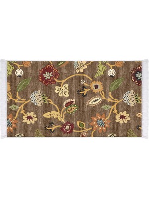 Exclusive Saray Dijital Halı Saçaklı Opal Çiçekli Kahverengi