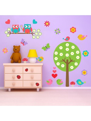 Tilki Dünyası Sevimli Baykuş Çiçek Ağaç ve Kuş Çocuk Odası Duvar Sticker