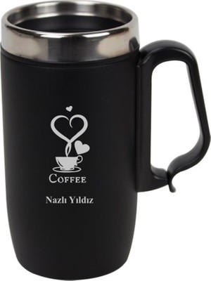 Hediye Rengi İsme Özel Kulplu Çelik Termos Bardak Mat Siyah 280 ml