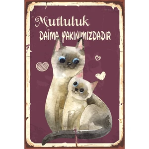 Hayat Poster Mutluluk Kedi Daima Yanı Başınızda Retro Vintage Ahşap Poster