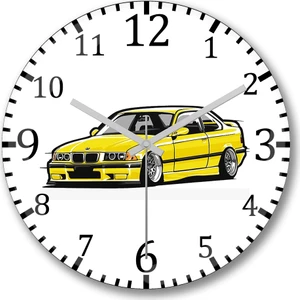 Baskı Dükkanı Bmw Stanced Out E36 Yellow Duvar Saati Bombeli Gerçek Cam