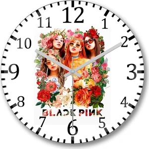 Baskı Dükkanı Çiçekler Arasında Blackpink Kpop Duvar Saati Bombeli Gerçek Cam