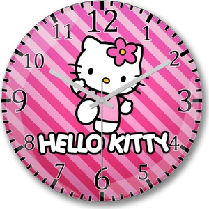 Baskı Dükkanı Hello Kitty Duvar Saati Bombeli Gerçek Cam