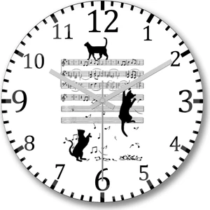 Baskı Dükkanı Notalar Müzik Cat Kedi Komik Duvar Saati Bombeli Gerçek Cam