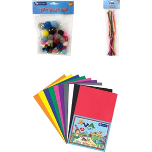 Fly Color Pon Pon Karışık 50'li + Fly Color Renkli Eva 20 x 30 cm 10'lu + Fly Color Şönil 30 cm 25'li