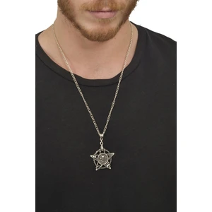 Erkek Antik Gümüş Kaplama Kurukafa&Pentagram Kolye