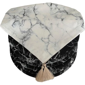 Amerikan Servis Takım Beyaz Mermer Desen Runner 6 Siyah Mermer Desen Supla