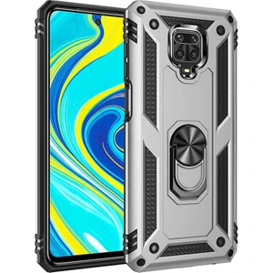 Tekno Grup Xiaomi Redmi Note 9s Kılıf Çift Katmanlı Yüzüklü Manyetik Vega Kapak Gümüş + Tam Kaplayan 5D Cam Ekran Koruyucu