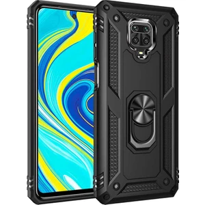 Tekno Grup Xiaomi Redmi Note 9s Kılıf Çift Katmanlı Yüzüklü Manyetik Vega Kapak Siyah + Tam Kaplayan 5D Cam Ekran Koruyucu