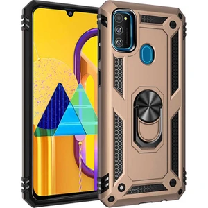 Tekno Grup Samsung Galaxy M31 Kılıf Çift Katmanlı Yüzüklü Manyetik Vega Kapak Gold + Tam Kaplayan 6D Nano Ekran Koruyucu