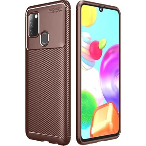 Tekno Grup Samsung Galaxy A21S Kılıf Karbon Desenli Lux Negro Silikon Kahverengi + Tam Kaplayan 5D Cam Ekran Koruyucu