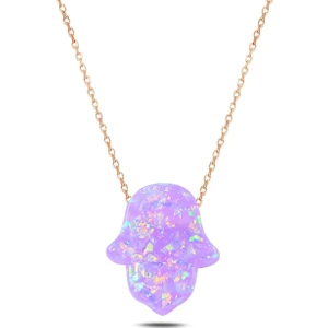 Rams Gümüş Lila Opal Taşlı Fatma Ana Eli Kolye _rose