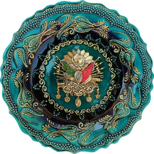 Çetin Çini Seramik El İşi Armalı Lale Desenli Turkuaz Renkli 30 cm Çini Tabak