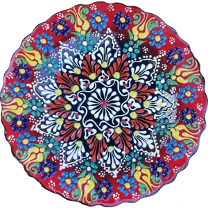 Çetin Çini Seramik El İşi Karışık Desenli Kırmızı Renkli 30 cm Dantel Çini Tabak
