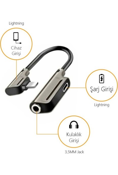 Dual Lightning 3,5 mm Kulaklık & Şarj Dönüştürücü Aparat Kısa Metal Kablo