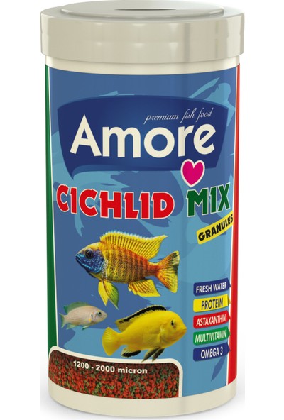 Amore Cichlid Mix Granules 1000 ml Malawi Amerikan Tanganyika Ciklet Protein Spirulina Balık Yemi