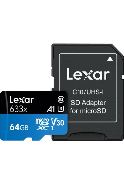 Lexar 633X 64GB 100MB-45MB/s microSDXC UHS-1 Class 10 A1 V30 U3 Hafıza Kartı + Adaptör (LSDMI64GBB633A)