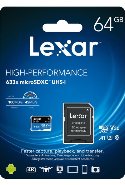 Lexar 633X 64GB 100MB-45MB/s microSDXC UHS-1 Class 10 A1 V30 U3 Hafıza Kartı + Adaptör (LSDMI64GBB633A)