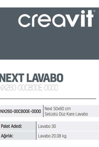 Creavit NX260 Next 50 x 60 cm Setüstü Düz Kare Lavabo