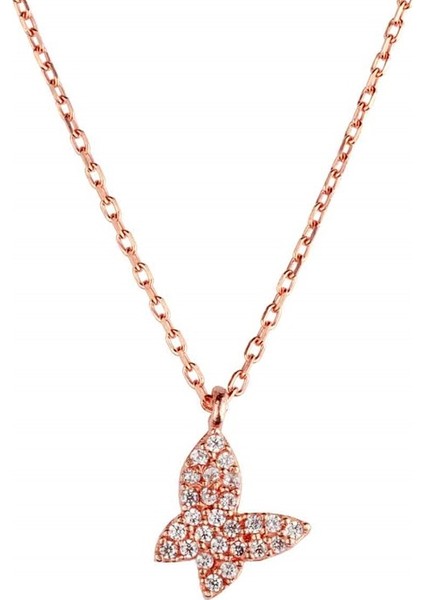 Roze Rengi Taşlı Kelebek Kadın Gümüş Kolye