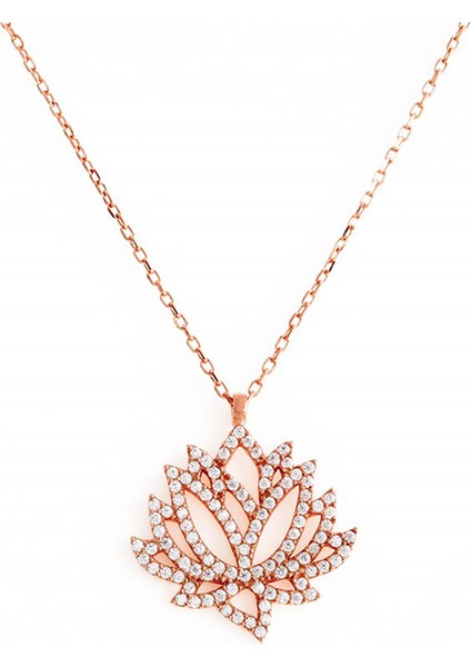 Roze Rengi Zirkon Taşlı Lotus Çiçeği Gümüş Kolye