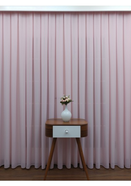 Pembe - Armür Dokuma Düz Tül Perde (İpeksi) Çok Dökümlü 600 x 260 Sık Pile 1/3