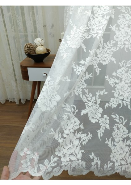 Gül Desenli Dantel Tül Perde 100 x 250 Seyrek Pile 1/2