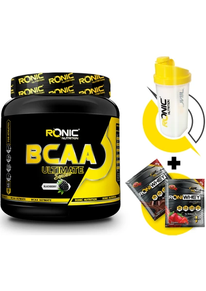 Ronic Nutrition Bcaa Ultimate 4.1.1 800 gr (Böğürtlen Aromalı) + Shaker ve 2 Adet Tek Kullanımlık Whey Protein