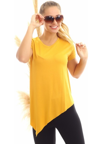 20060632 Viskon V Yaka Asimetrik Kısa Kol Bluz Hardal