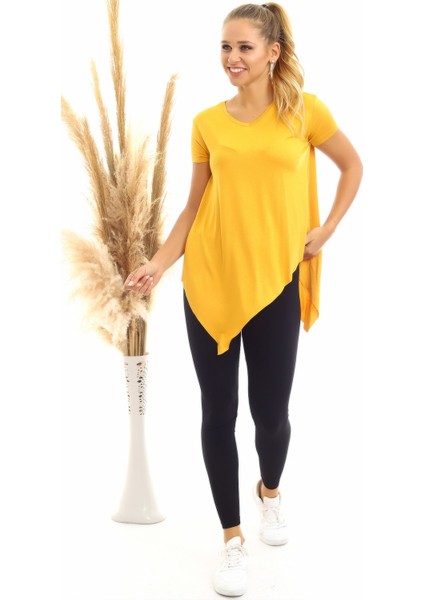 20060632 Viskon V Yaka Asimetrik Kısa Kol Bluz Hardal fiyatları