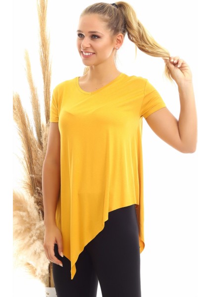 20060632 Viskon V Yaka Asimetrik Kısa Kol Bluz Hardal modelleri