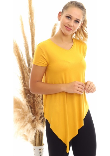 20060632 Viskon V Yaka Asimetrik Kısa Kol Bluz Hardal fırsatları