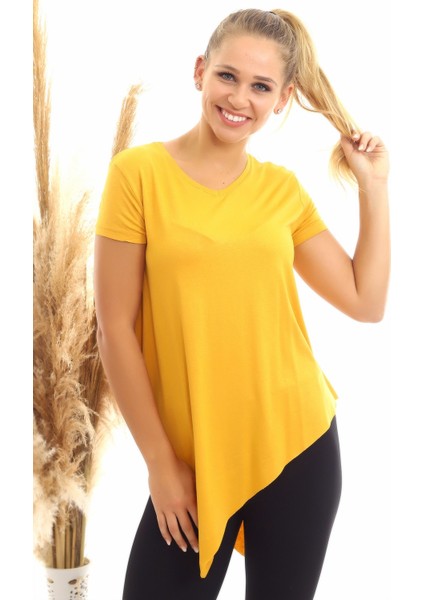 20060632 Viskon V Yaka Asimetrik Kısa Kol Bluz Hardal indirimleri