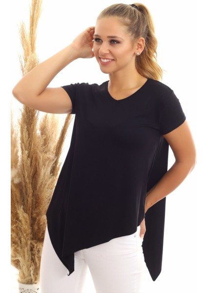 20060632 Viskon V Yaka Asimetrik Kısa Kol Bluz Siyah
