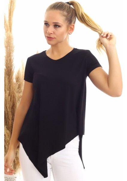 20060632 Viskon V Yaka Asimetrik Kısa Kol Bluz Siyah fiyatları
