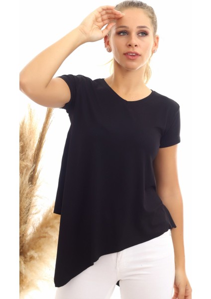 20060632 Viskon V Yaka Asimetrik Kısa Kol Bluz Siyah modelleri