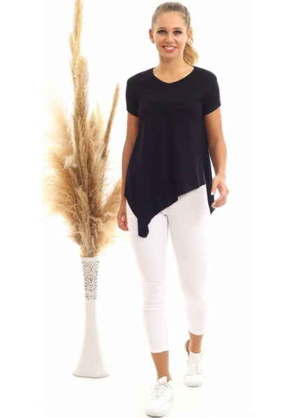 20060632 Viskon V Yaka Asimetrik Kısa Kol Bluz Siyah indirimleri