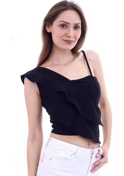20060652 Örme Krep Volanlı Bluz Siyah