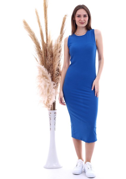 20060653 Kaşkorse Kolsuz Uzun Elbise Indıgo