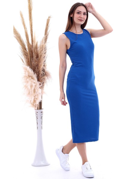 20060653 Kaşkorse Kolsuz Uzun Elbise Indıgo modelleri