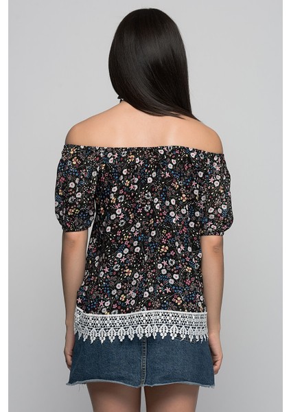 7232312 Şile Bezi Eteği Güpür Yaka Lastikli Omuzu Düşük Bluz Siyah Çıçekler fiyatları