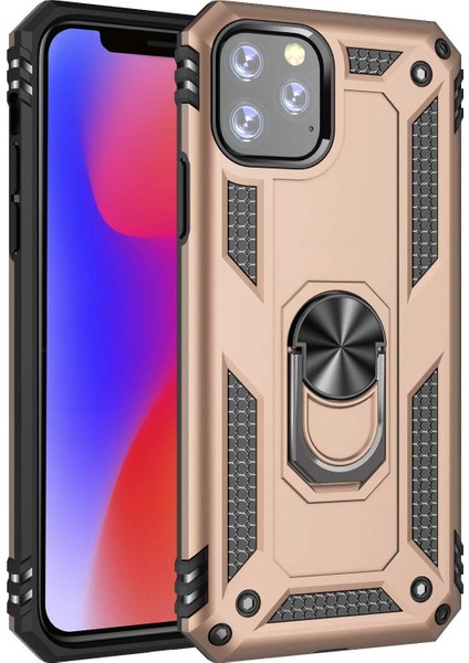 Apple iPhone 11 Pro Kılıf Yüzüklü Standlı Tank Zırh Silikon Gold